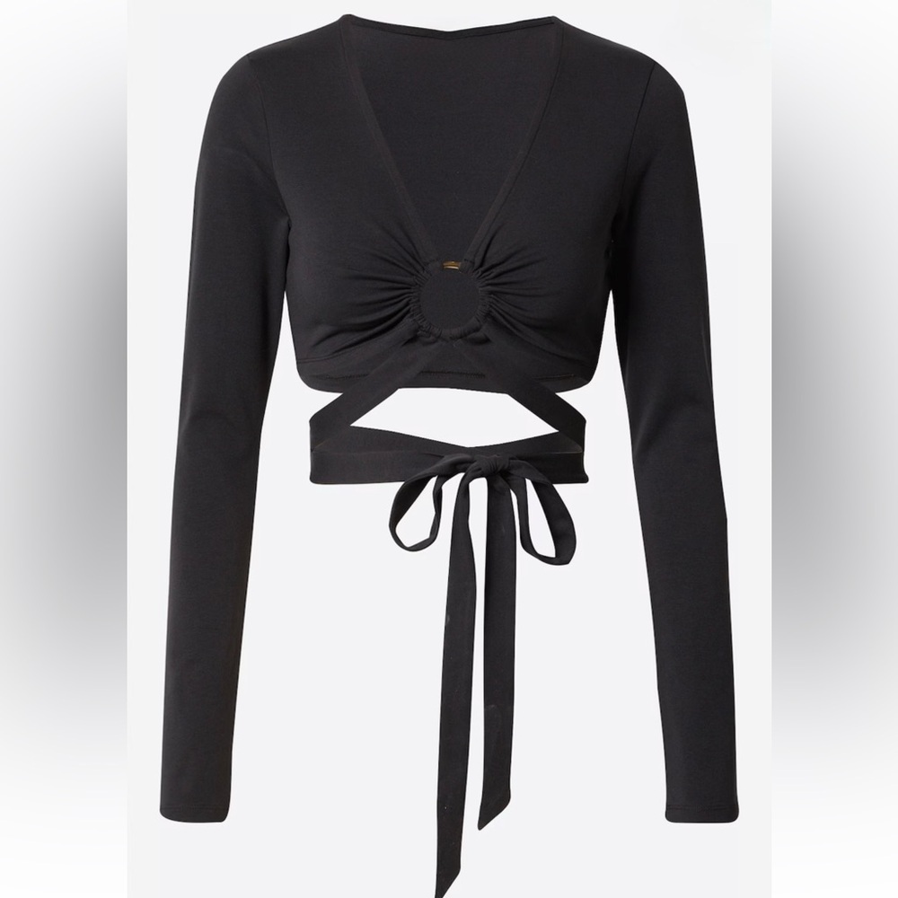 Black Crop Blouse with Cut Out Wrap Around Tie Front Size L